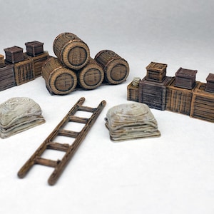 Painted urban scatter (6 pieces) crates barrels sacks cargo dungeon D&D furniture 3d printed miniatures DnD Pathfinder 2E wargaming RPG AOS