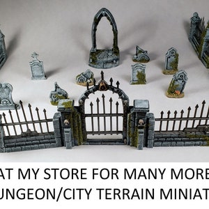Graveyard (3) terrain fence gate tombstones angel tomb grave coffin Painted Terrain miniatures D&D 5E DnD Pathfinder Frostgrave witch moss