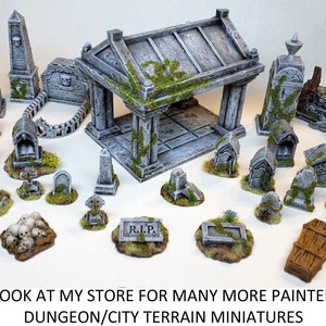 Graveyard (8) mausoleum tomb moss gravestone skull statue / Painted Terrain miniatures Reaper D&D DnD wargaming Pathfinder Frostgrave witch