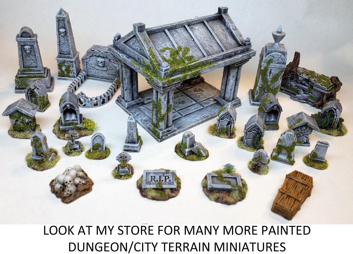 Graveyard (8) mausoleum tomb moss gravestone skull statue / Painted Terrain miniatures Reaper D&D DnD wargaming Pathfinder Frostgrave witch