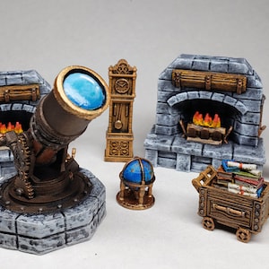 Malowane akcesoria biblioteczne kominek kula zegar teleskop wózek na książki / Mały teren D&D DnD Pathfinder Frostgrave Dungeons and Dragons WFB