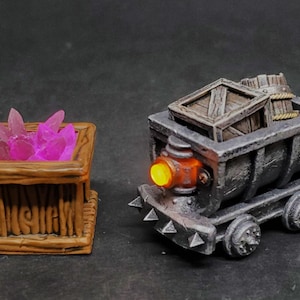 LED painted ore cart and glowing crystal crates dungeon city terrain / DnD Gloomhaven D&D WFB RPG tabletop wargaming Frosthaven Feypainting