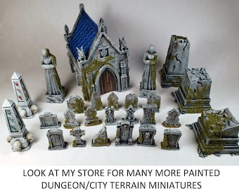 Graveyard (2) mausoleum moss gravestone skull statue tomb / Painted Terrain miniatures Reaper D&D DnD wargaming Pathfinder Frostgrave witch
