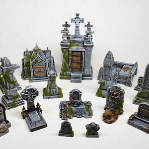 Graveyard (5) mausoleum moss gravestone skull statue tomb / Painted Terrain miniatures cemetery D&D DnD wargaming Pathfinder Frostgrave RPG