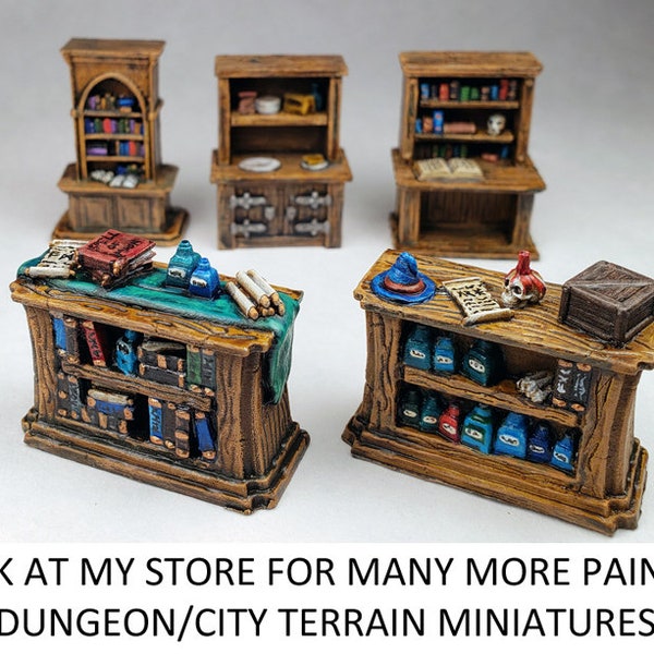Painted dungeon tavern furniture library shelves / Tiny Terrain miniatures D&D 5E DnD Pathfinder 2E RPG Frostgrave Dungeons and Dragons WFB