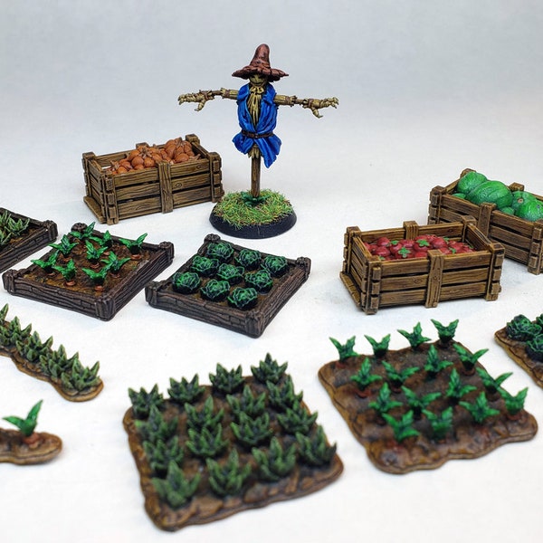 Painted farm planted crop vegetables peasant scarecrow crates resin miniature Tiny TerrainGloomhaven D&D 5E DnD Pathfinder 2E Frostgrave RPG