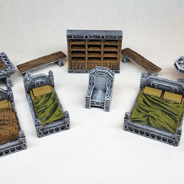 Painted dwarven stone furniture shelf bed throne table bench / Tiny Terrain miniatures D&D / DnD Pathfinder Frostgrave Heroquest WFB RPG RPG