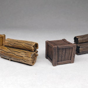 Painted miniature resin crate and wooden logs / wargaming scatter terrain dungeon D&D DnD Pathfinder Frostgrave Frosthaven tabletop terrain