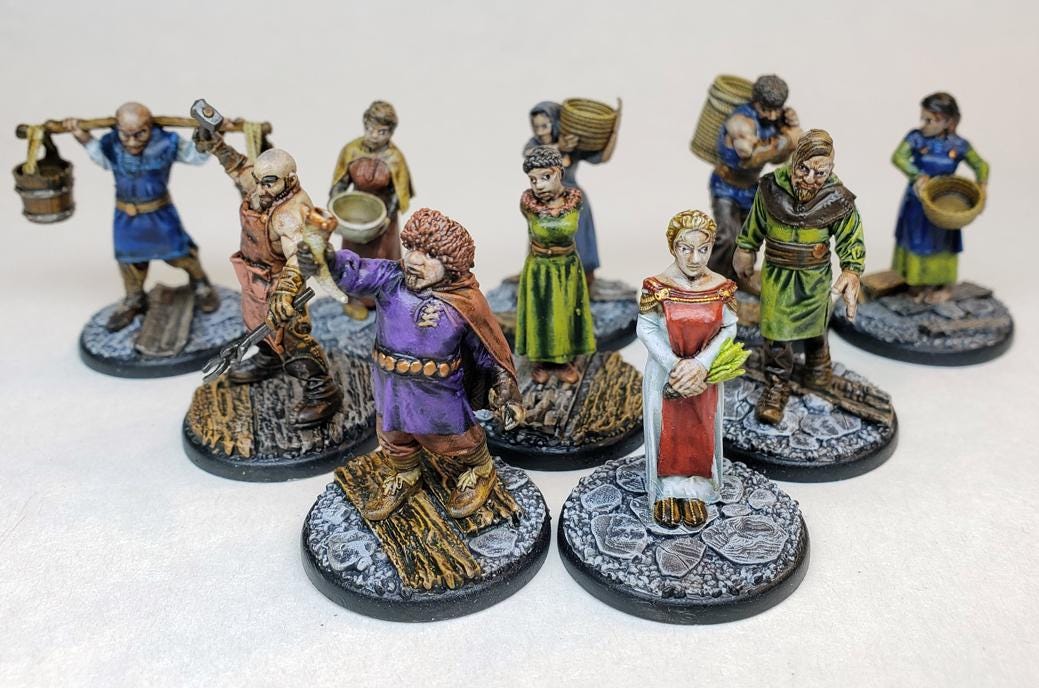 Painted DnD peasants villagers Norse NPC resin miniatures townsfolk noncombatant Tiny Terrain Gloomhaven D&D 5E Pathfinder 2E Frostgrave RPG