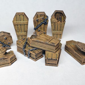 Painted broken and sealed coffin miniature dungeon D&D furniture tomb graveyard / 3d printed DnD Pathfinder Frostgrave wargaming RPG AOS RPG