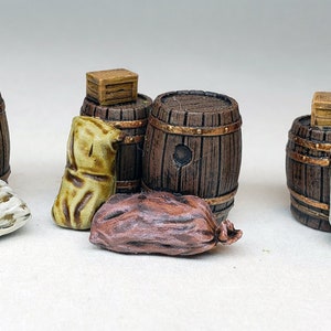 Painted crates barrels and sacks, scatter cargo supplies dungeon D&D 5E furniture tabletop resin miniatures DnD Pathfinder 2E wargaming AOS