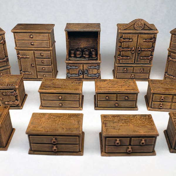 Dungeon furniture painted wardrobes and cabinets / Painted Tiny Terrain miniatures D&D / DnD Pathfinder Frostgrave Heroquest WFB RPG RPG