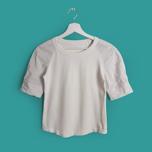 MARC CAIN Vintage 90's Y2K Stretch Cotton Top Blouse Puffy 3/4 Sleeves in White