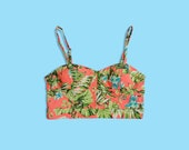 DENIM CO Floral Tropical Print Bustier Corset Crop Top Bralette Adjustable Straps Stretch Cotton - size UK 14