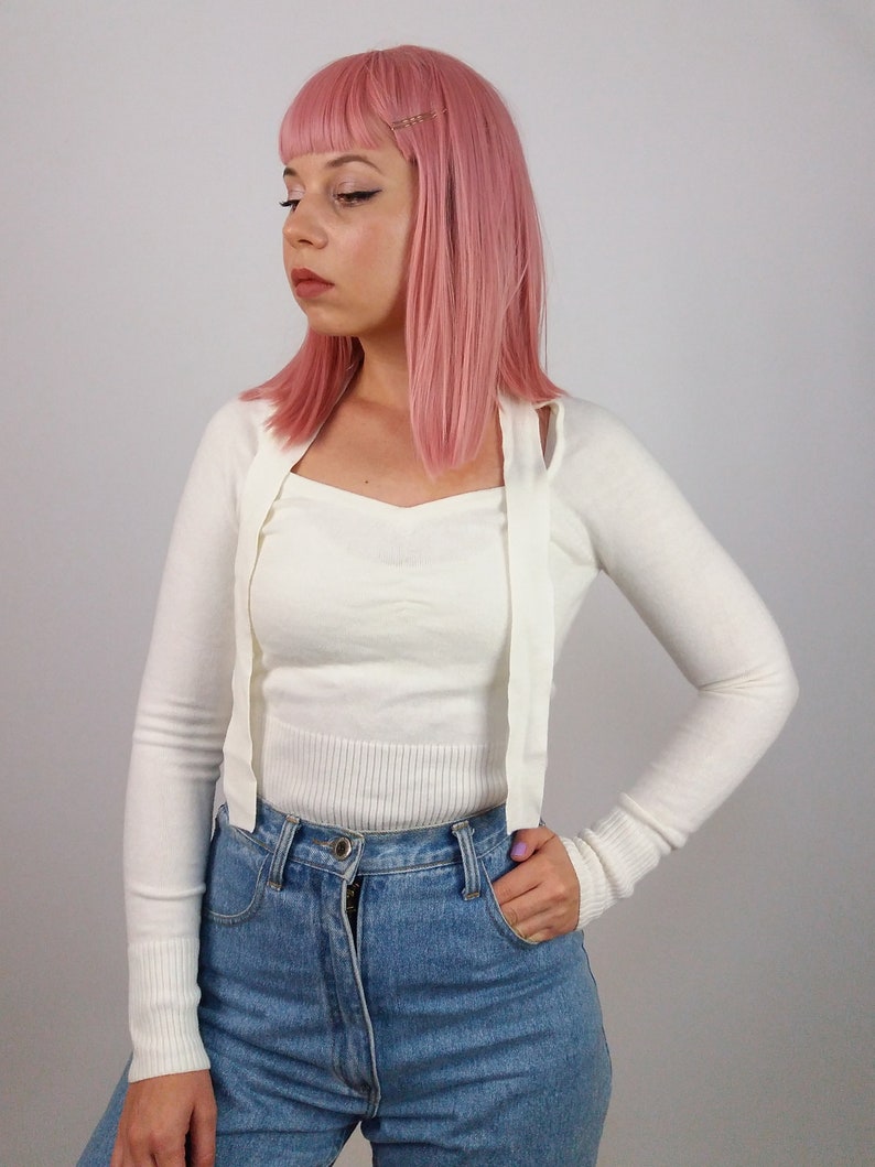 Vintage 90/'s White Knit Minimalist Sweater Neck Tie Detail