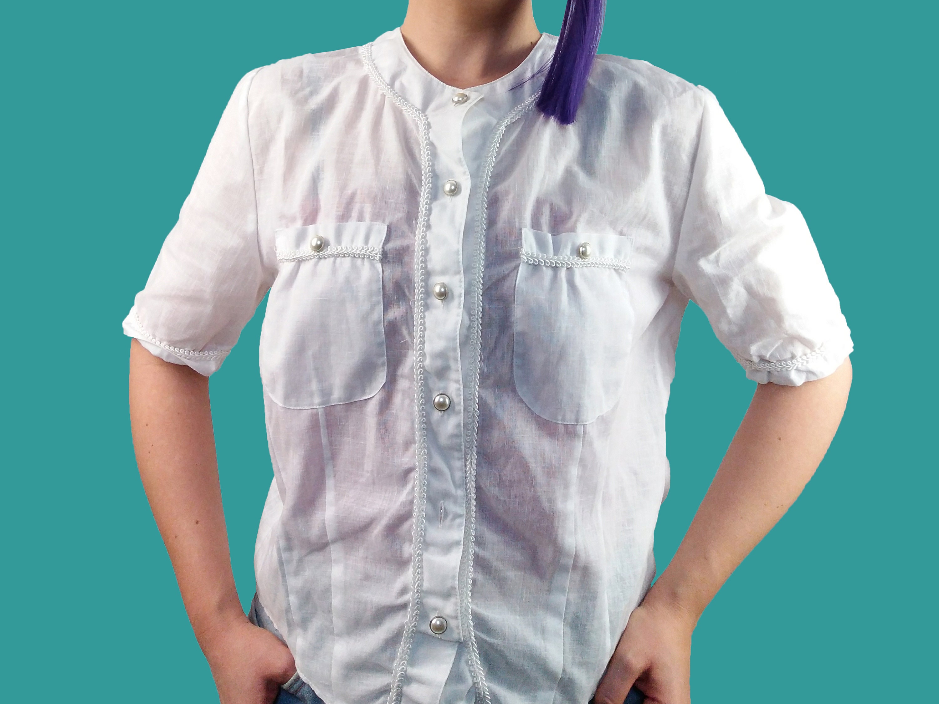 トップス 80s- White see-through shirt See Through Top - Transparent Top - See Through Shirt