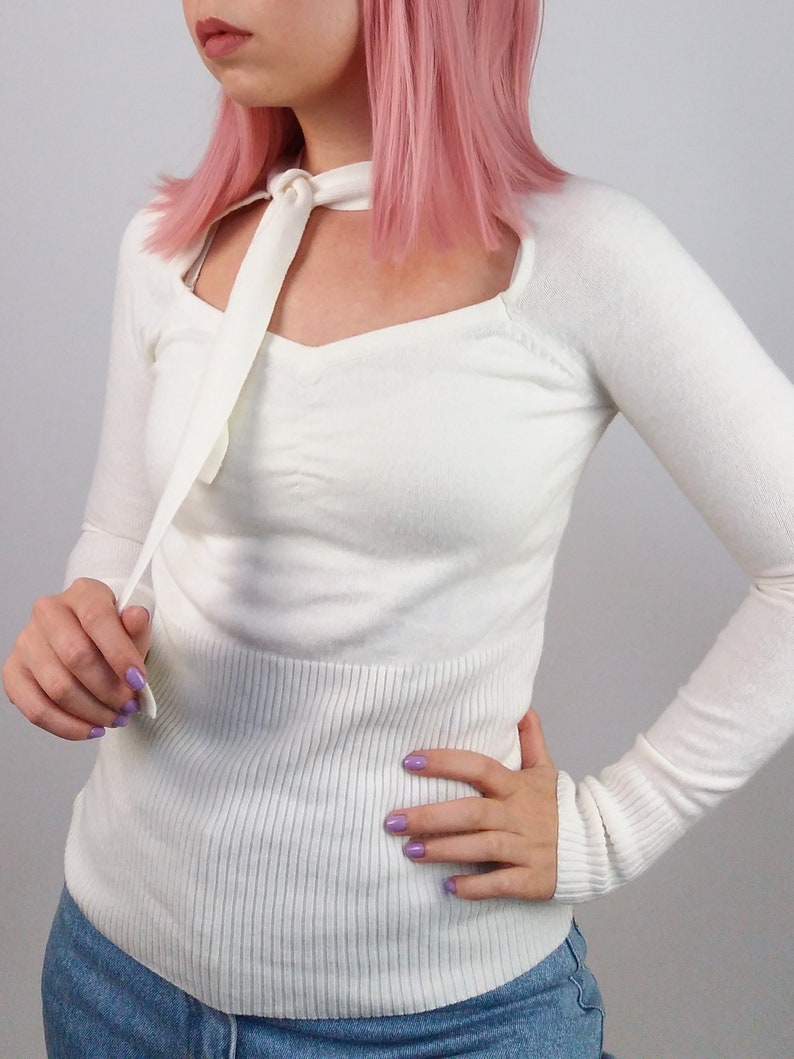 Vintage 90/'s White Knit Minimalist Sweater Neck Tie Detail
