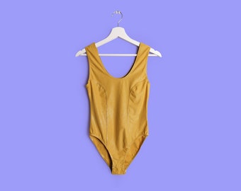 Vintage 90's Gold Bodysuit One-piece Retro Shiny Liquid Yellow Bodysuit - size XS-S