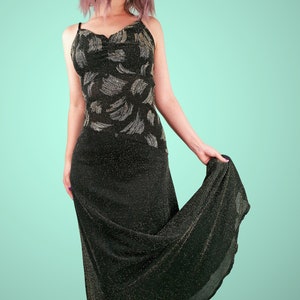 Vintage 90&#39;s Black and Gold Glam Dress Evening Dress Lurex Glitter Metallic Thread Form-fitting Retro Dress Spaghetti Straps - size XS-M