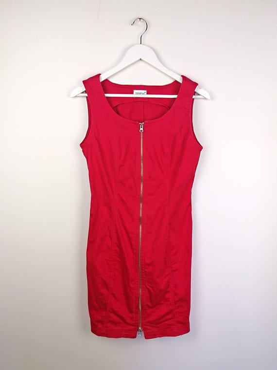 red dress zipper down front Aden Midi Zipper Dress-Red