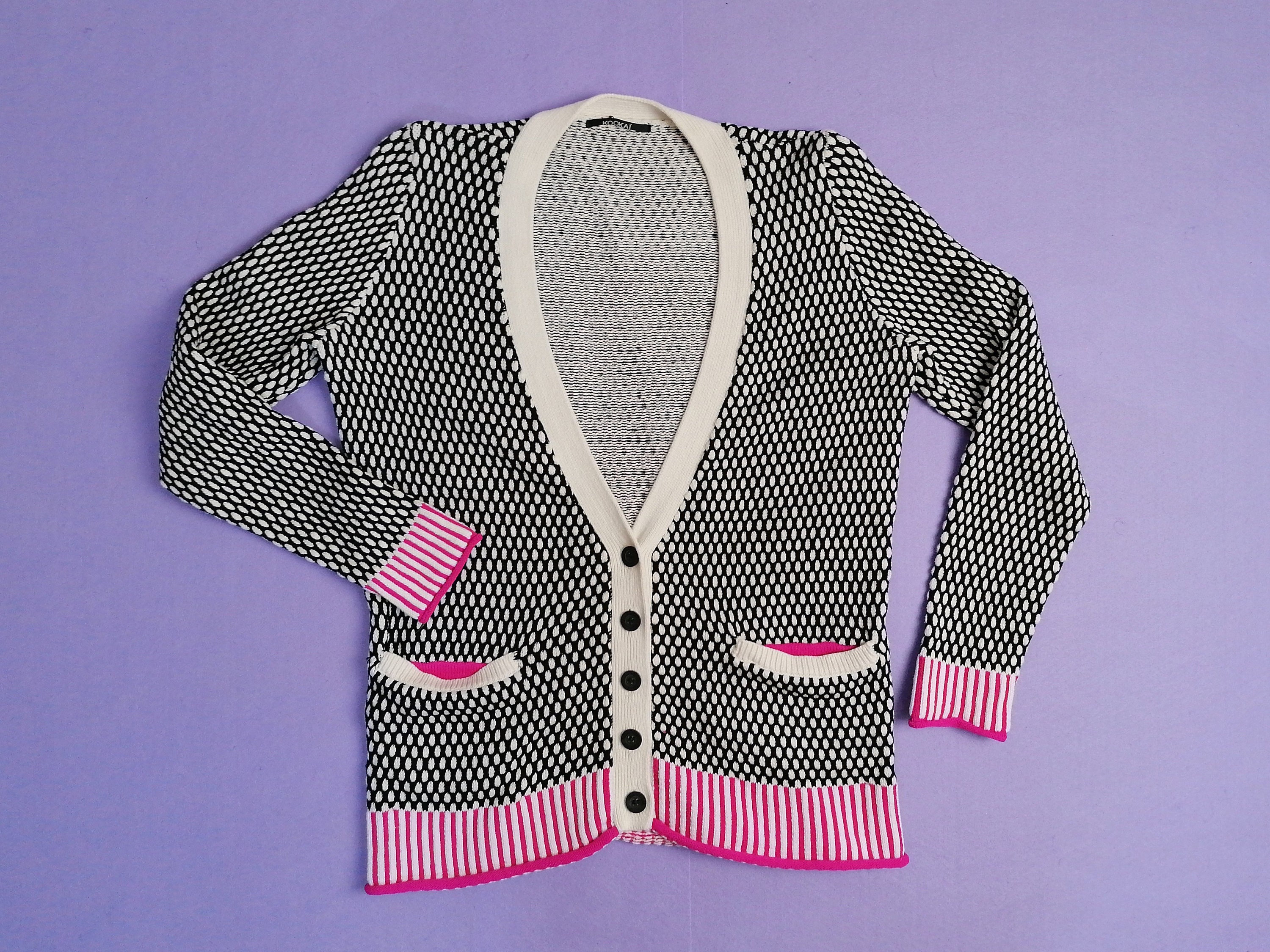 Vintage 90 s KOOKAI Cardigan Knit Sweater White Black Pink size S M