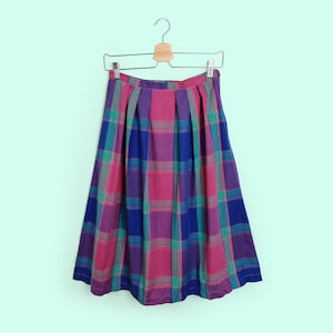Vintage 80&#39;s 90&#39;s High Waist Plaid Check Full Skirt with Pleats Blue Pink Purple - size S-M