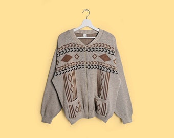 Vintage 80's 90's Retro Graphic Pattern Unisex Grandpa Cardigan Sweater Oversized Pullover Wool Blend Folk Nordic - size L-XL / 52 -54