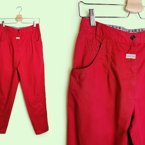 Vintage 90&#39;s DIAGONAL High Waist Baggy Jeans Tapered Leg  Retro Pants Cotton Red Mom Jeans - size M-L