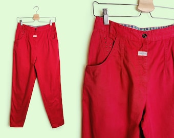 Vintage 90's DIAGONAL High Waist Baggy Jeans Tapered Leg  Retro Pants Cotton Red Mom Jeans - size M-L
