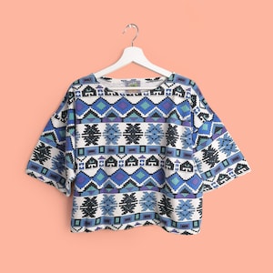 PRINT UP Vintage 80er 90er Boho Hippie Unisex Oversized Retro Gemustert Baumwolle Strick Crop Top Sweatshirt/T-shirt/Blau Weiss | Größe S-M