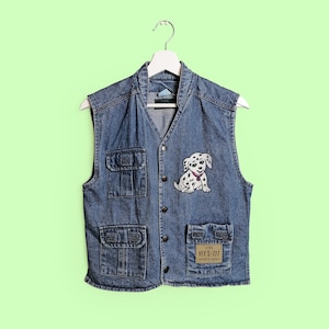 Vintage anni '90 VEY'S 777 Denim Vest Top Jeans Cartoon Dog Snaps Top Donna Bambini - taglia XS-S donna / 140 bambini