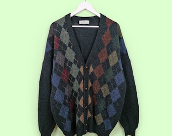 ST. MICAHEL Marks & Spencer Vintage 80's 90's Retro Pattern Wool Cardigan Unisex Grandpa Sweater Oversized Pullover Argyle  - size XL