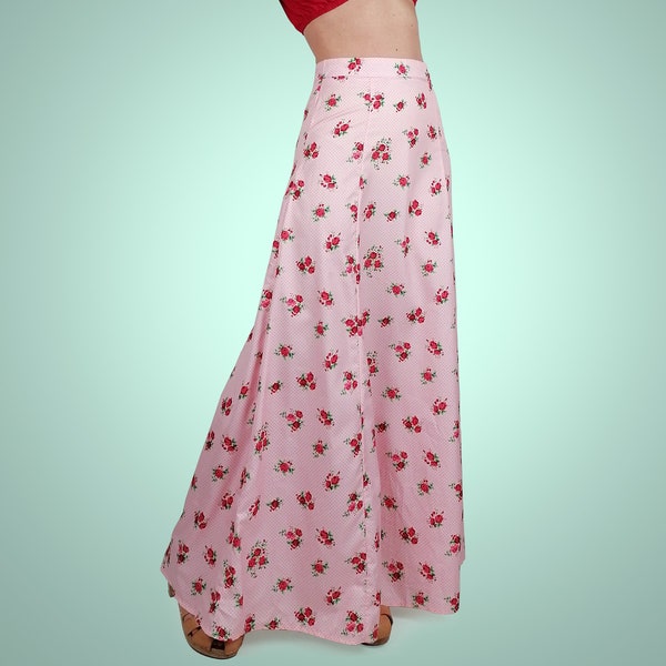 Vintage 90's Y2K High Waist Full Maxi Skirt Powder Pink Flowers pattern Cottagecore Fairy barbie - size XS-S