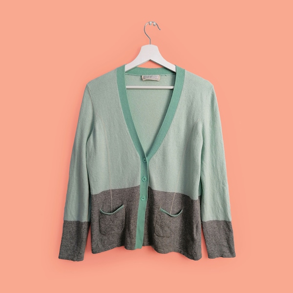 Vintage 90's PUBLIC Wool Soft Knit Cardigan Colour Block Sweater Minimalist Women Pullover Green Grey - size M-L