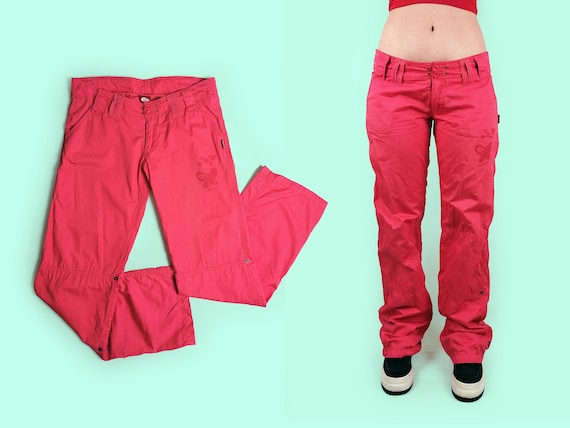 Vintage Y2K Soft Shell Low-waist Pink Cargo Pants Festival Rave Streetstyle Trousers  Women Size L 