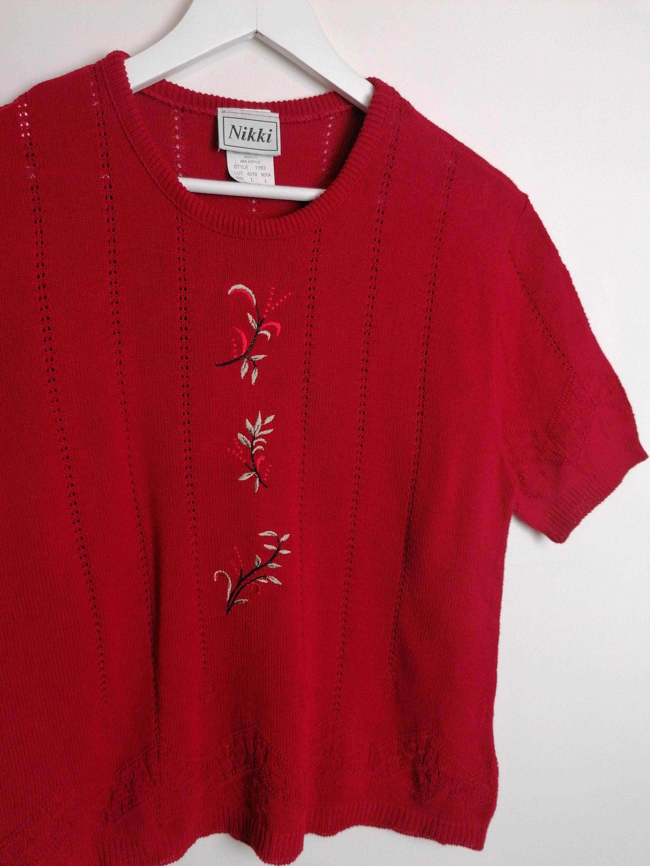 NIKKI Vintage 80's Soft Knit Top Retro Red Embroidery Made in USA