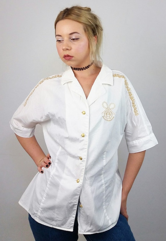 ROCCOBAROCCO Vintage 80's 90's Women Blouse Gold Embroidery White