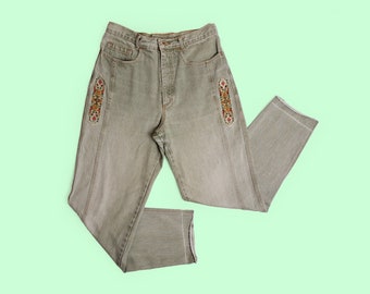 Vintage 80's COTTON LINE High Waist Mom Jeans Tapered Leg Light Green Stonewash Embroidery Jeans Boho Denim Pants - size S-M ( 30" waist)