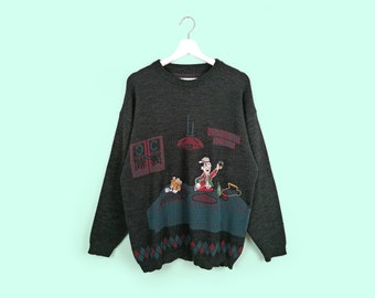 Vintage 80's 90's Cotton Club Unisex Retro Embroidery  Novelty Cartoon Sweater Wool Knit - size L-XL