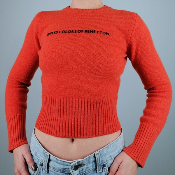 UNITED Colors of BENETTON Vintage Y2K Sweater Orange Pure Wool Crop Top Knit  - size XS-S