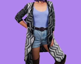 Vintage 90's Graphic Print Open Cardigan 3/4 Sleeves Knit Sweater Geometric Aztec  Folk Cardigan