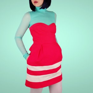 ZARA Trafaluc Bright Raspberry Pink Dress High Waist Sweetheart Neckline Side Pockets  - size S-M