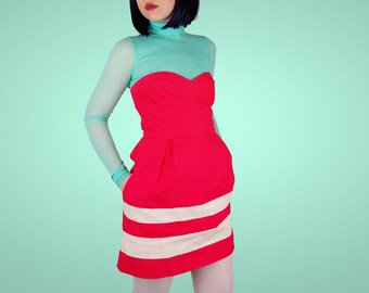 ZARA Trafaluc Vestido rosa frambuesa brillante Talle alto Escote corazón Bolsillos laterales - Talla S-M