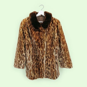 Vintage 80's Faux Fur Coat Animal Print Short Jacket Women Winter Coat Brown  - size S