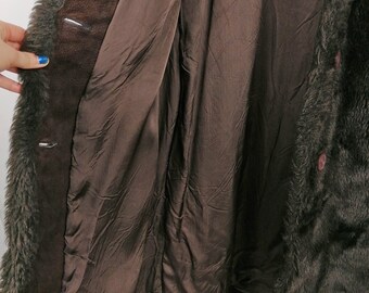 Pelisse En Cuir Vintage Années 80 Bordée Fourrure - Marron, Taille L, Occasion Très Bon état