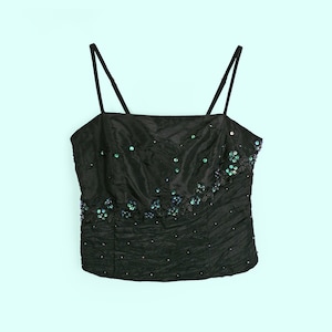 Vintage 90&#39;s adornado corsé negro top correas espaguetis lentejuelas bordado ~ tamaño L