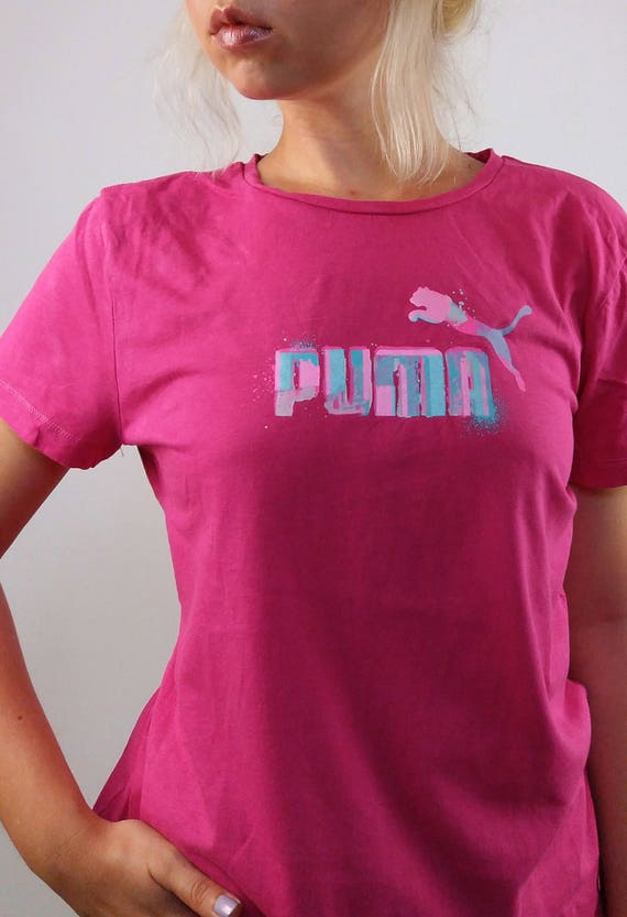 - Women 90\'s Vintage Pink PUMA Denmark Hot T Shirt Size Logo With Etsy Top Front S-M in Shirt Y2K