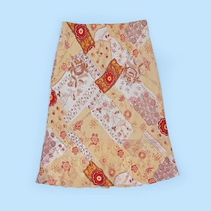 Vintage Y2K A-line Skirt Flowers Patchwork Print Lettuce Hem Layered Mesh Made in France - size m-L / T3