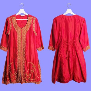 LOVELEEN Auténtico indio con cuentas Kurti Top / Vestido / Túnica / Kurta Embelished Top Naranja Rosa, Bordado / Indie Boho Túnica talla S-M
