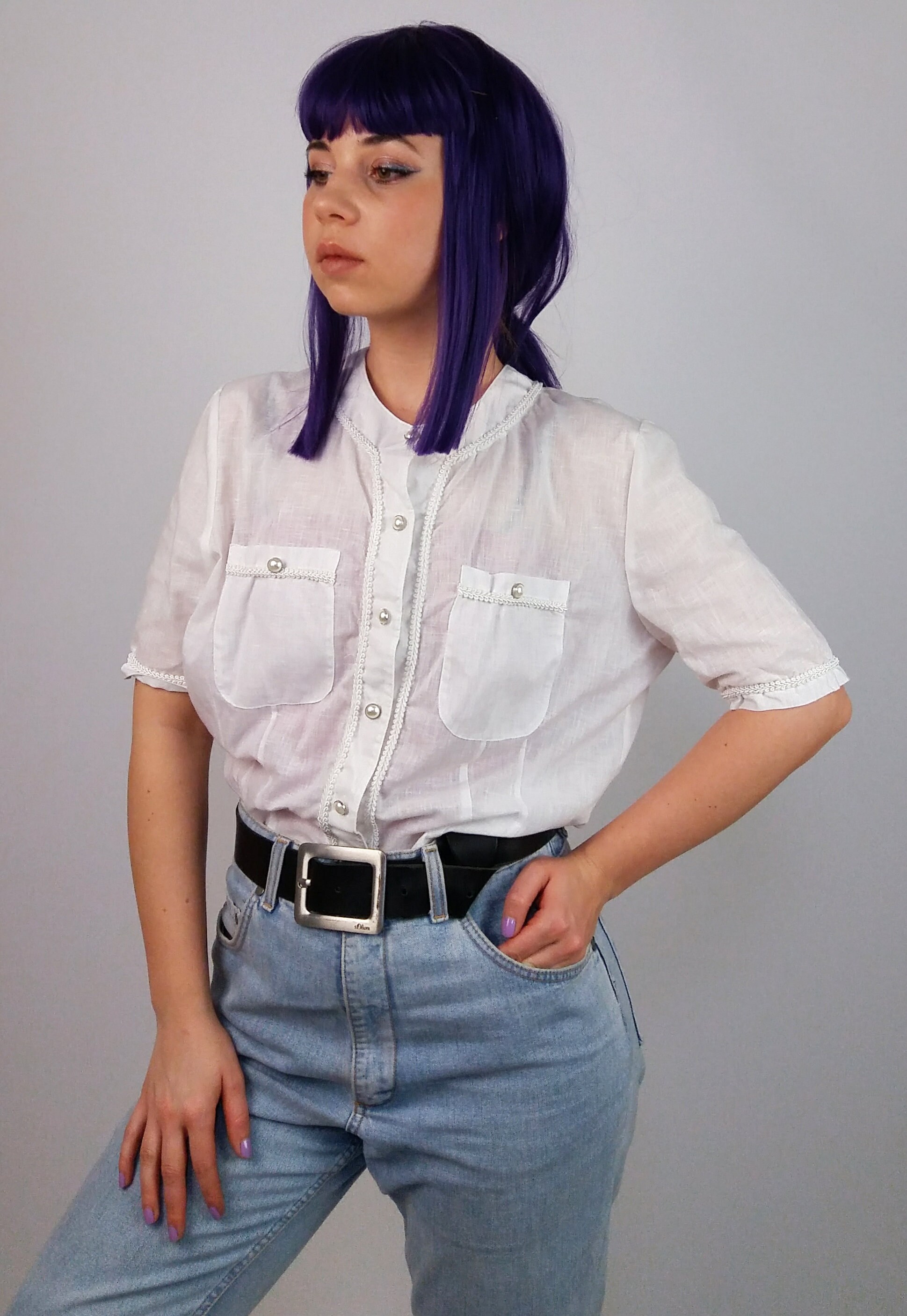Vintage 80's Sheer White Blouse / Top With Pearl Buttons